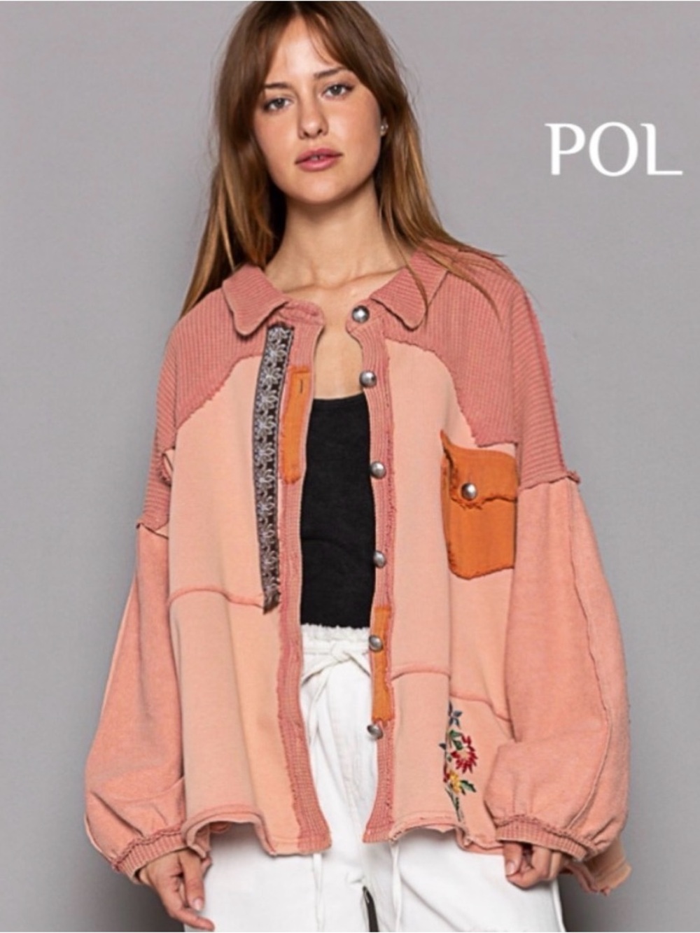 POL Patchwork Button-Front Shirt Jacket with contrasting Elbow Patches oversized